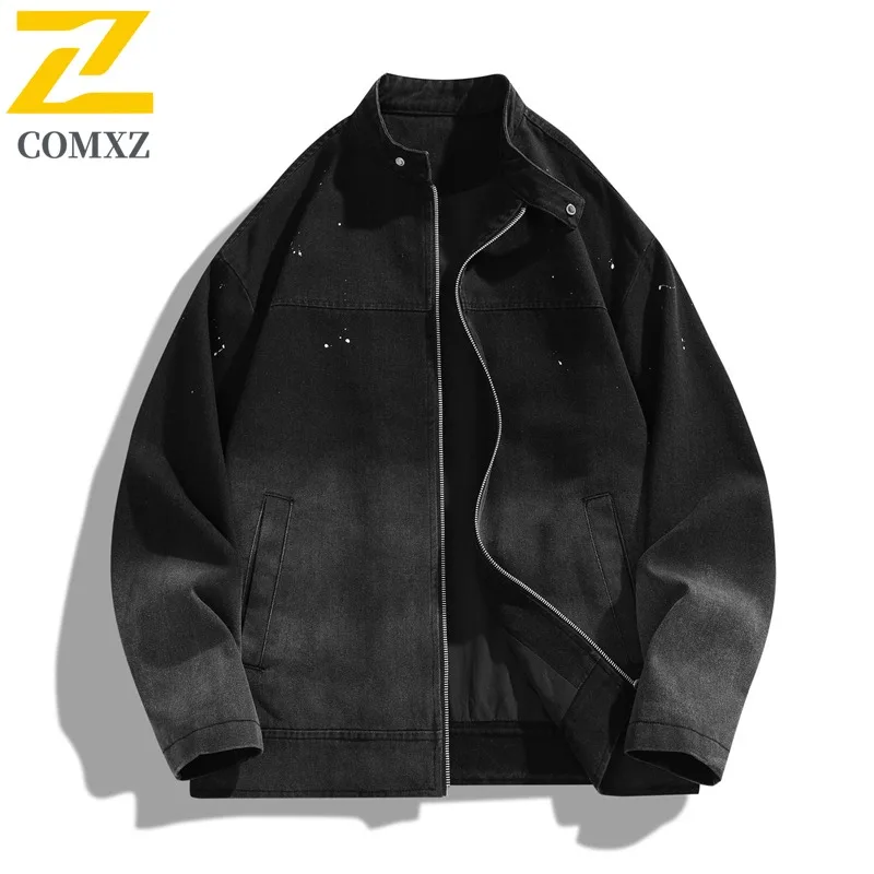 

COMXZ American Vintage Jackets Washed Distressed Splash Men Gradient Stand Collar Zip Fashion Versatile Casual Denim Jacket