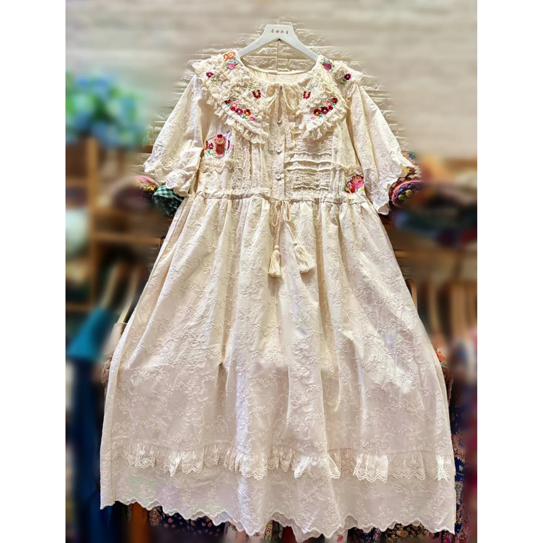 

Vintage Cotton Rococo Victorian Floral Embroidery Midi Dress Women Korean Japanese Sweet Kawaii Mori Girl Cottagecore Long Dress