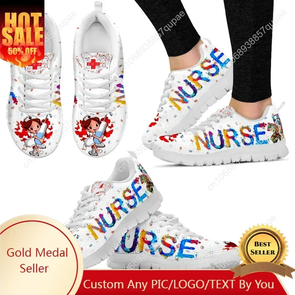 Custom Made Cute Hospital Cartoon Nurse Girls Pattern Sneakers Shoes For Women Breathable Lace Up Flat Shoes Comfort Zapatillas