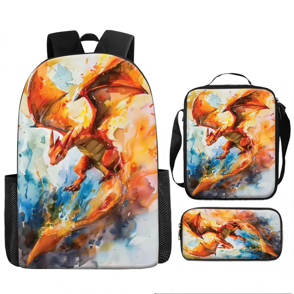 

Kids Bag,Pokemon,Charizard 3pcs Backpack Set Watercolor Paint Print Breathable Canvas School Bag for Kids Students