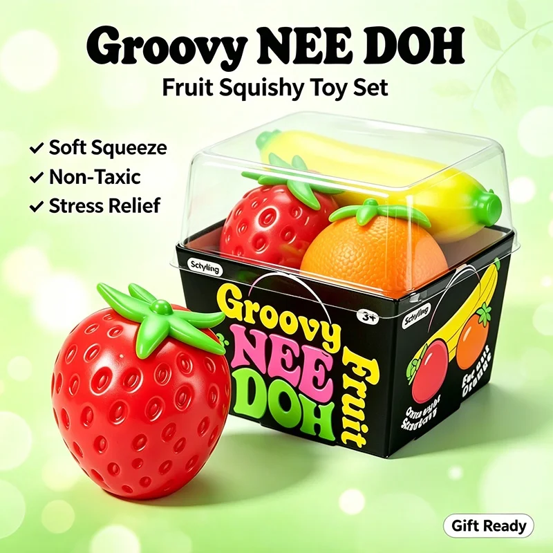 Schylling Needoh Groovy Fruit Strawberry Banana Orange Squish Sensory Toy Hand Exercise Squeeze Stress Relief Desk Fidget Toy