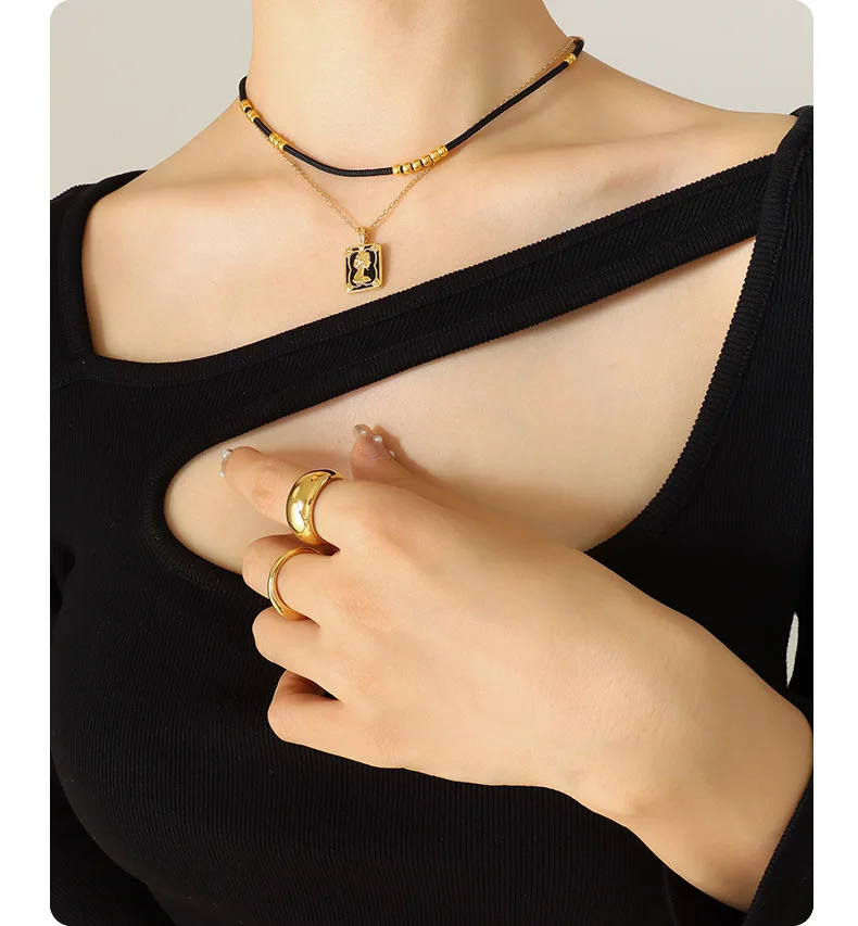 Schwarze Stoffseil-Halskette mit Edelstahlperlen, Lolita-Modeaccessoire für Frauen, cooler Trend, Paar-Halsketten im Großhandel – Detail 3