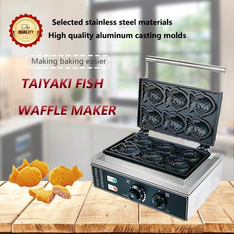 

Commercial Non-stick 6 pcs electric Taiyaki Fish Waffle Maker 1500W Non-stick Coating Commercial Snack Machine 110v/220v