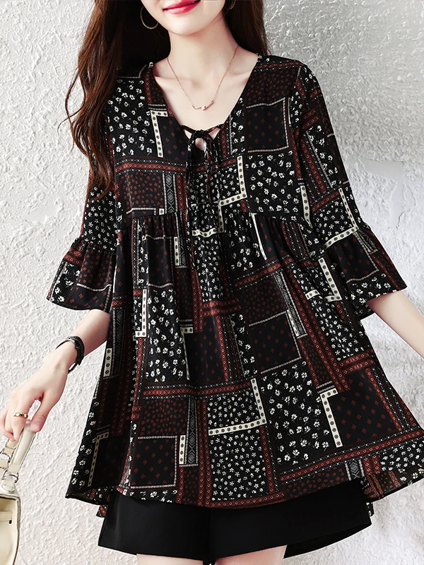 

Authentic Loose V-Neck Slimming Short Sleeve T-Shirt Fashionable Summer 2026 Women's Shirt Polyester Fiber Midi Length