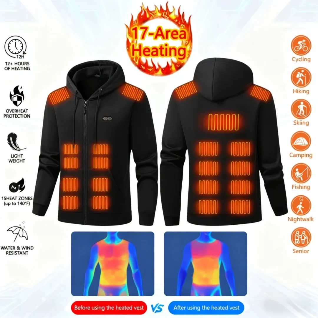 

Мужская 17-зонная куртка с капюшоном и подогревом — ветрозащитное зимнее спортивное пальто с молнией спереди и регулируемым согревом (Power Bank в комплект не входит)