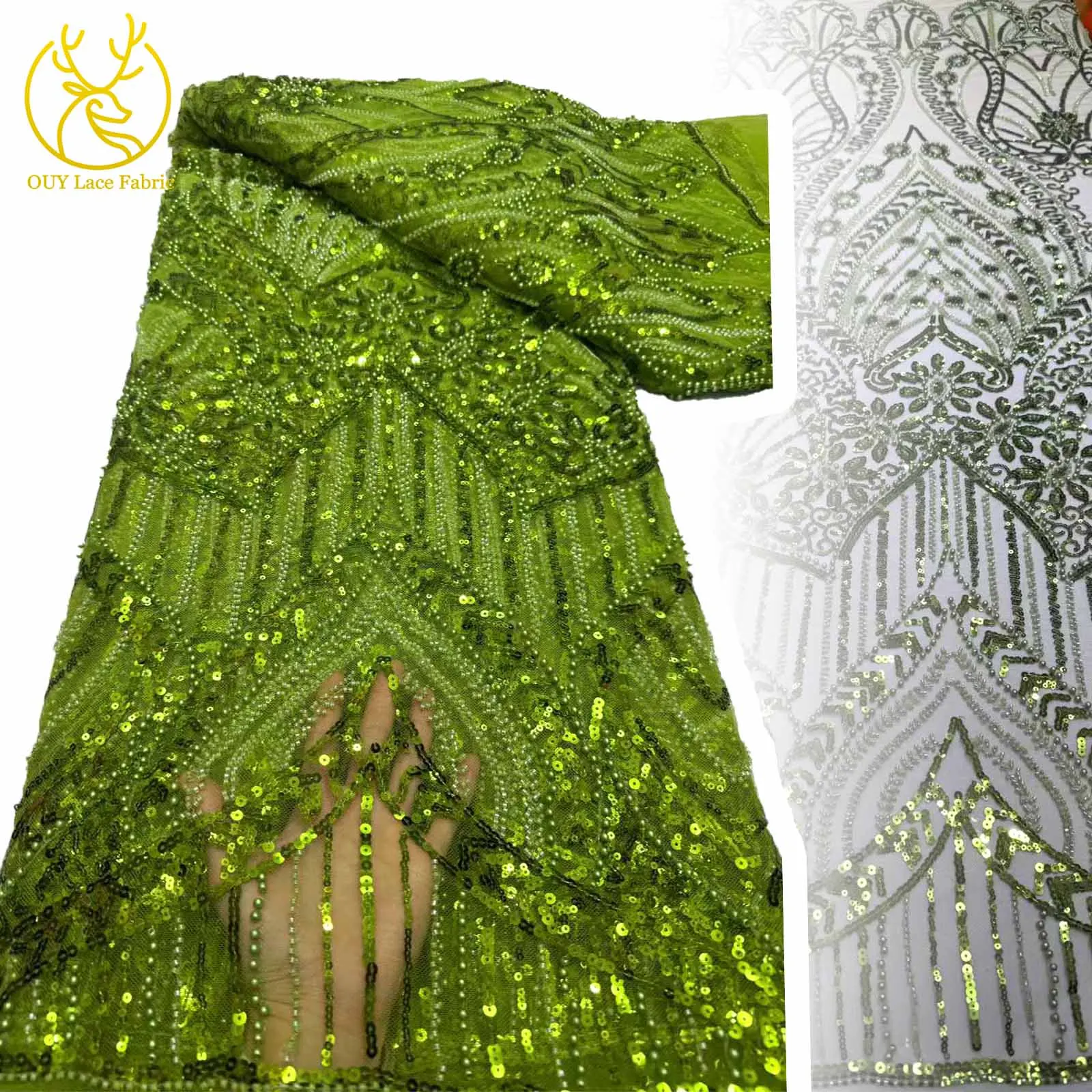 

Green African Handmade Beaded Fabric 2025 High Quality French Nigerian Sequins Embroidery Lace Fabric Wedding Dress Sewing
