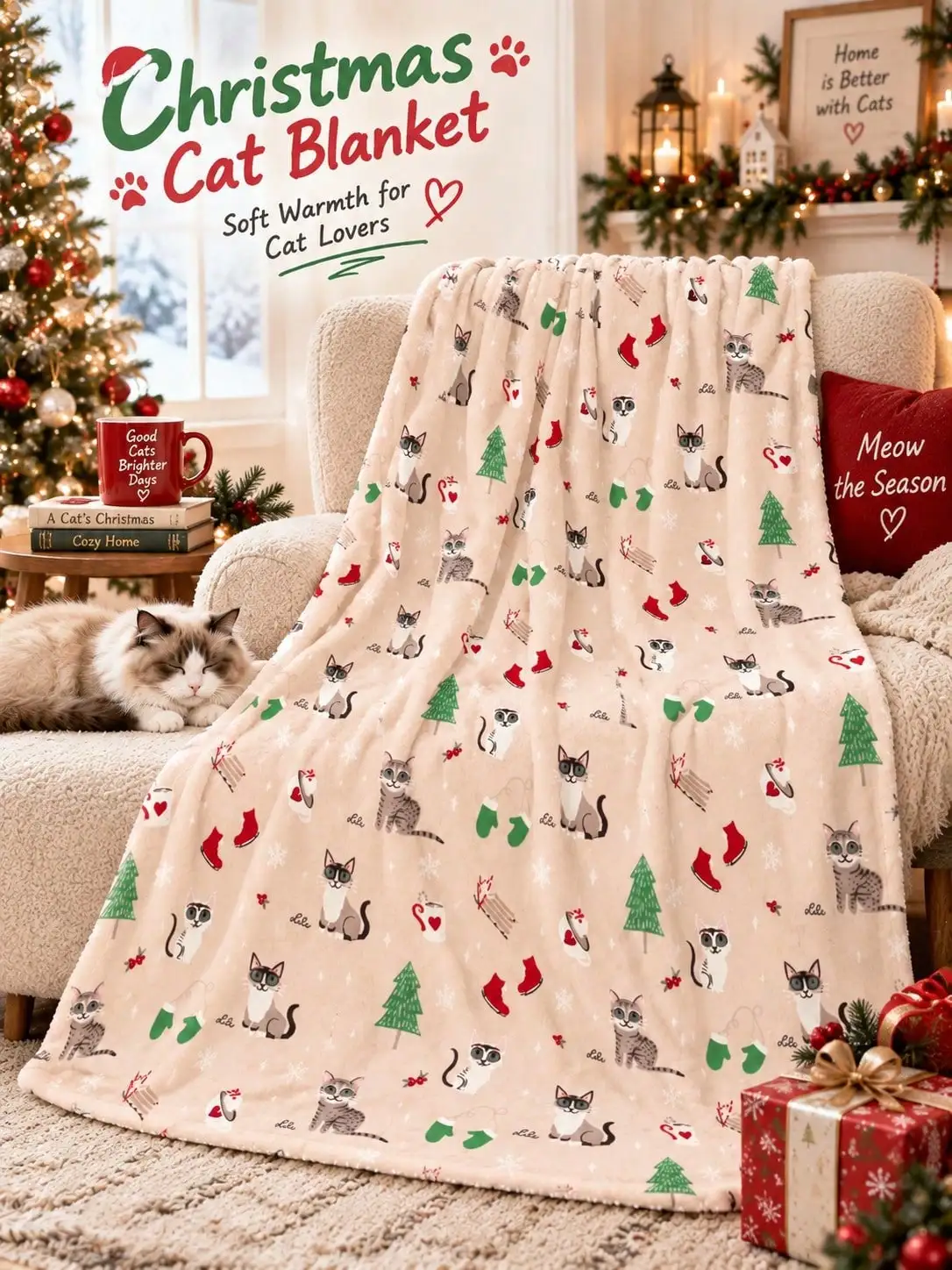 Christmas Flannel Blankets & Throws Cats Mittens Stockings Trees Snowflakes Home Decor Sofa Couch Bed Bedroom Living Room Office Travel Reading Gift for Family Friends Pet Owners Housewarming Birthday Anniversary Holiday Bedding Fireplace Entryway