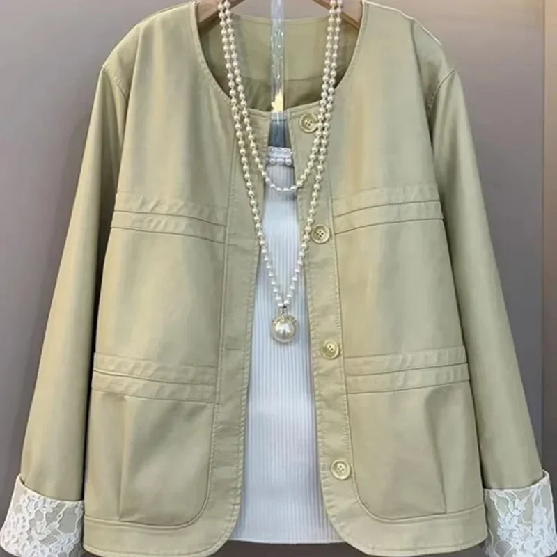 Spring Autumn Women Lace Cuffs Loose Faux Leather Coat 2025 Female Large Size 4XL Leather Top Lady Round Neck PU Leather Jacket