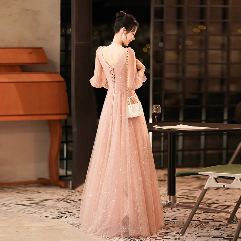 Pink Sequins Evening Dress Women New French Square Collar Classic A-LINE Tulle Floor-Length Banquet Celebrity Prom Dresses