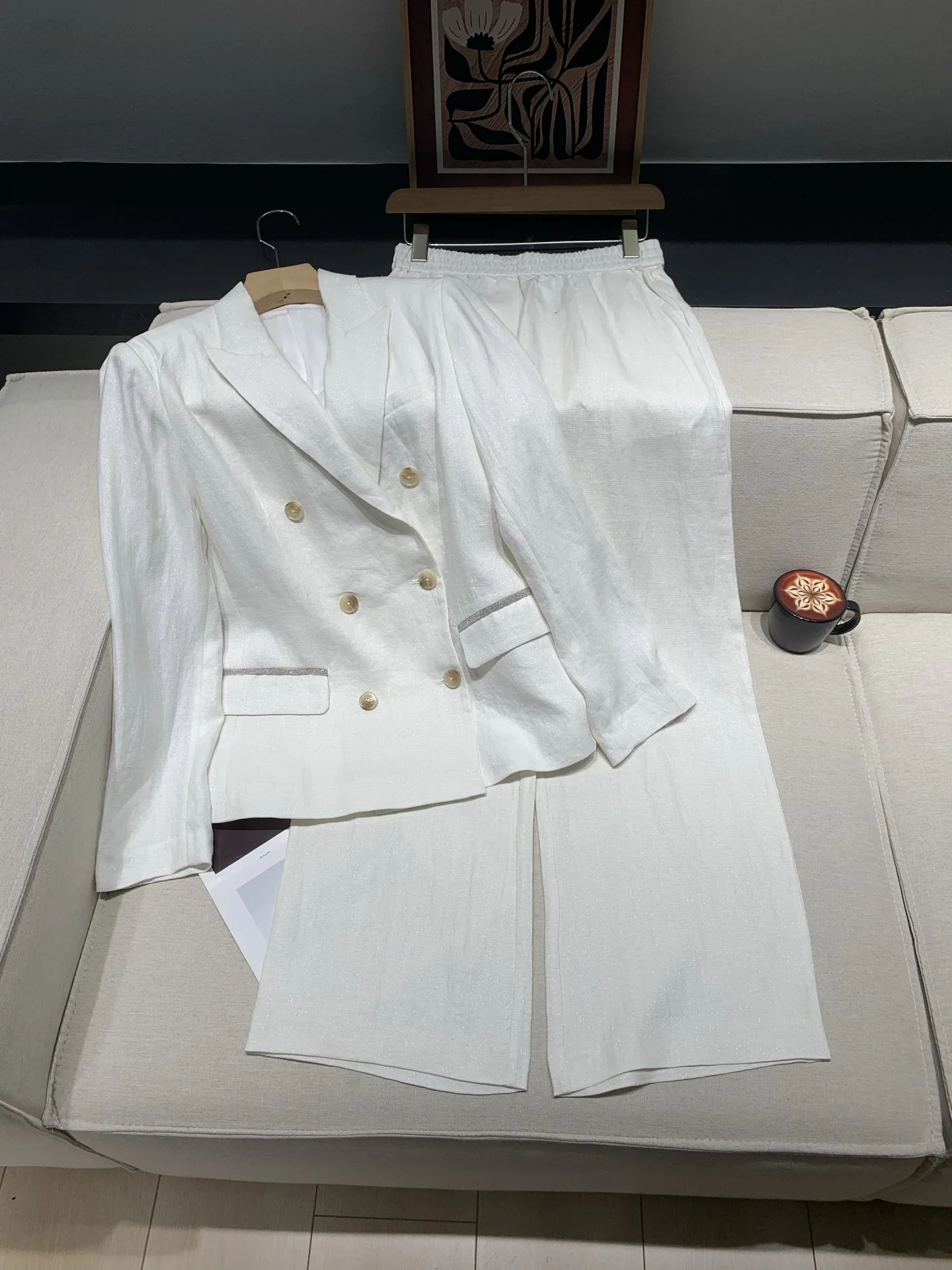 

Women Linen Blend Set Beaded Chain Double Breasted Notched Collar Long Sleeve Blazer + High Waist Straight Wide Leg Pants Suit