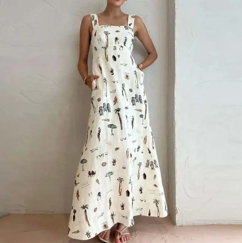 فساتين نسائية ماكسي بيضاء مطبوعة برقبة مربعة بدون أكمام فستان كامي بجيب جانبي فضفاض كاجوال لقضاء العطلات على الشاطئ