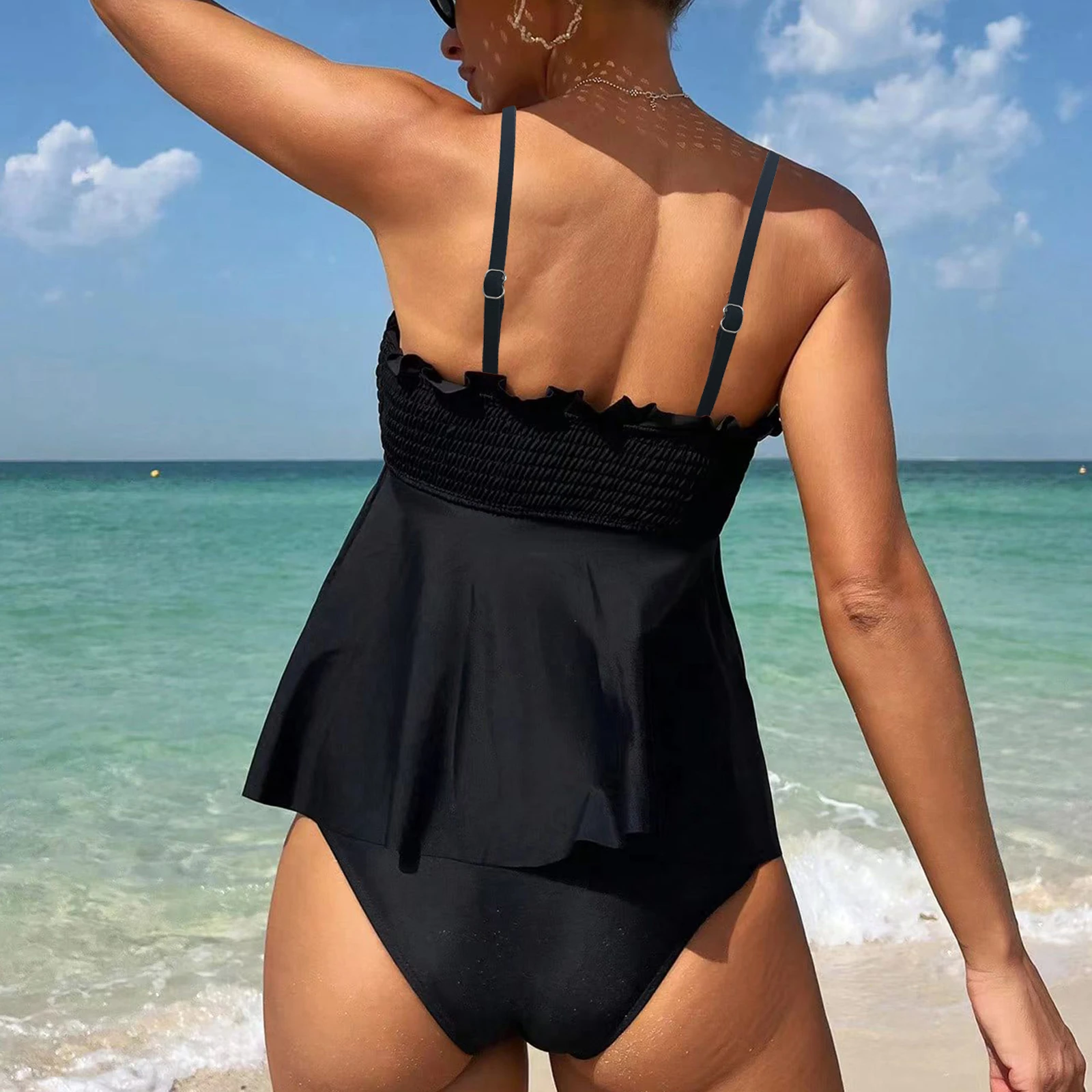 Women's Solid 2 Piece Plus Size Tankini Set Strapped Curvy Swimsuit High Waist Beach Lady Big Bathing Suit Summer Outfit - Image 2