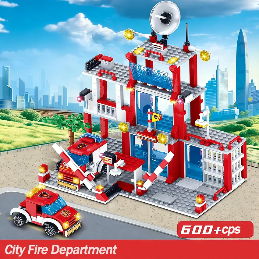 1000+ Teile Urbane Architektur Bausteine Polizeistation Feuerwehrstation Feuerwehrauto Bausteine Spielzeug Weihnachts- und Feiertagsgeschenk – Detail 1
