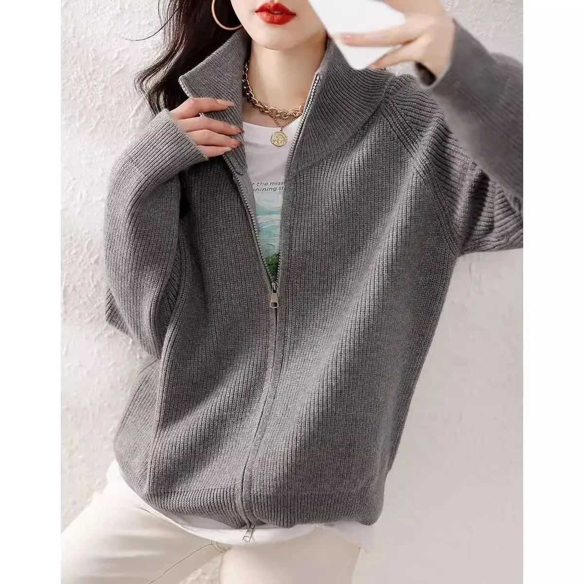 

Women's Clothing Solid Pit Striped Double Zipper Cardigan Sweater Jacket for Women Autumn Winter Loose Temperament Knitted Top