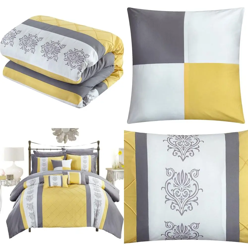 

Queen Grey and Yellow Pintuck Embroidered 10-Piece Comforter Set with Sheet Bundle
