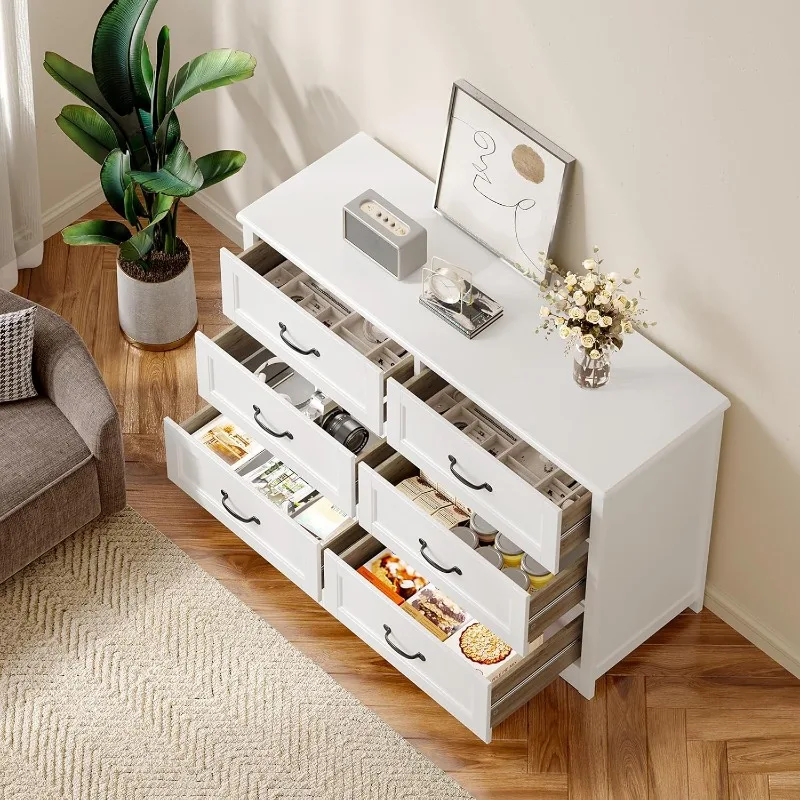 Cassettiera a 6 cassetti per camera da letto, cassettiera più grande da 47 pollici con maniglia mentale per cameretta dei bambini, cassettiera bianca con 6 contenitori