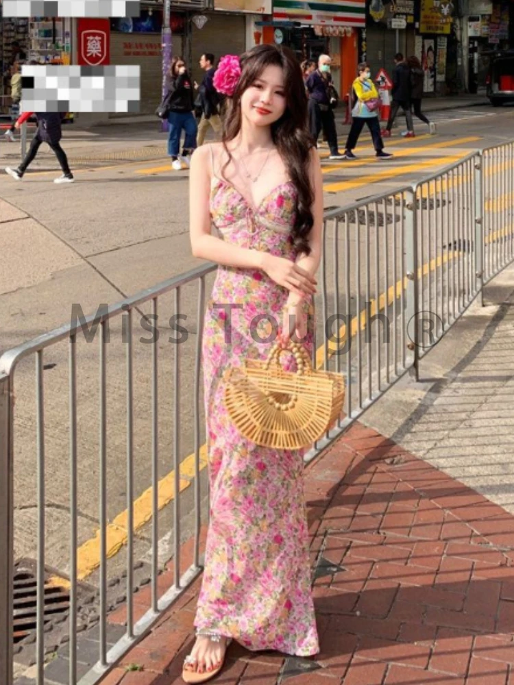 Floral Kawaii Strap Dress Women Summer French Sweet Casual Long Party Dress Female Beach Style Corset Slim One Piece Dress New