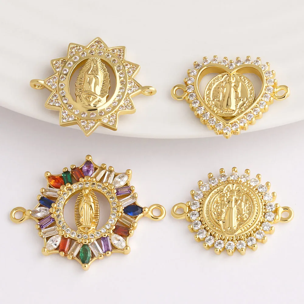 OCESRIO White Crystal Heart Virgin Mary Charm for Bracelet Copper Gold Plated San Benito Jewelry Making Supplies chma559