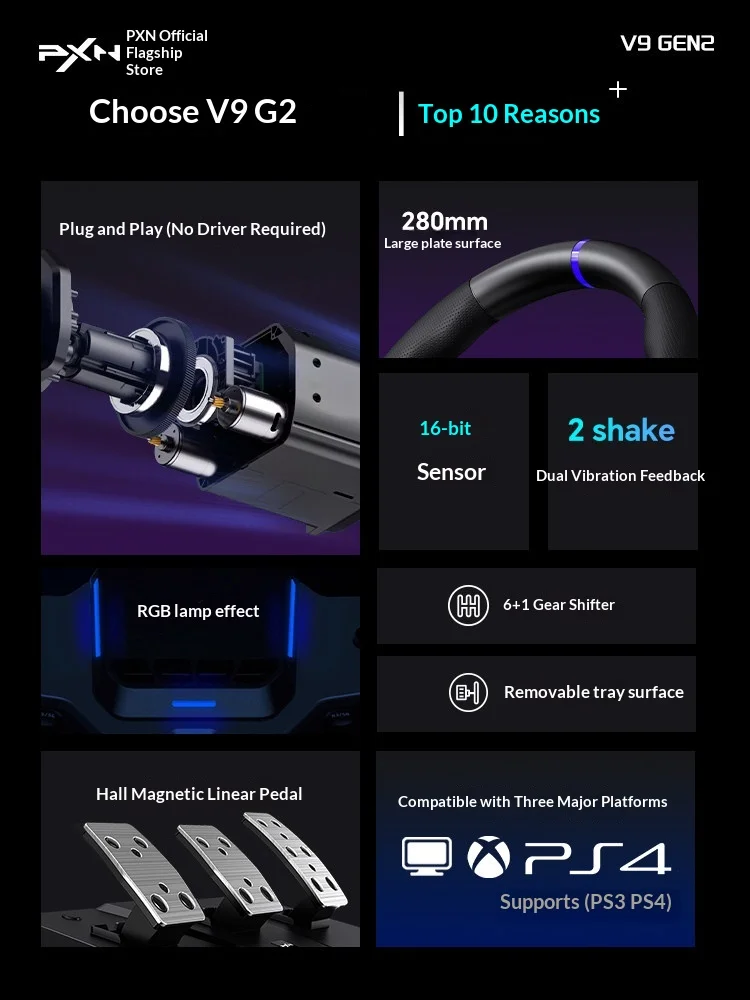 PXN V9 Gen2 Gaming Steering Wheel 270°/900° Racing Wheel Volante for PS4/PS3/PC Windows 8,10,11/Switch/Xbox One/Xbox Series X/S