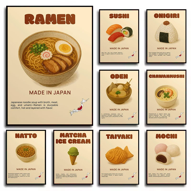 Póster Retro clásico japonés de comida Ramen Sushi Taiyaki Matcha Mochi, pintura en lienzo, imágenes artísticas de pared, decoración del hogar y la cocina