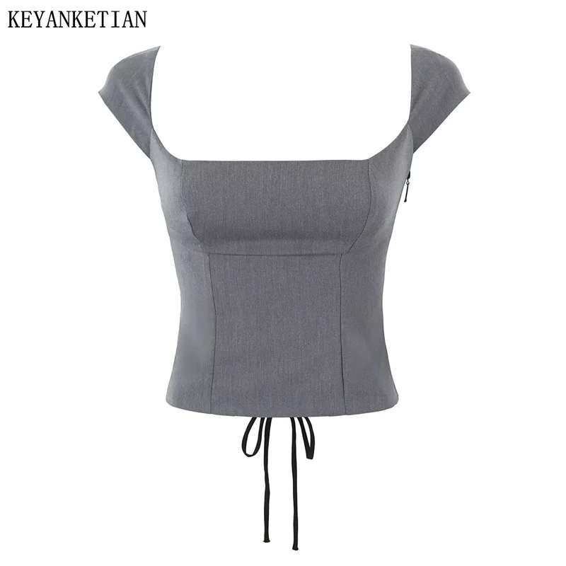 KEYANKETIAN New Launch Women\'s Cross Lace Up Backless Crop Top Stylish Sexy Slash neck Short Sleeve Corset Gray Short Camis