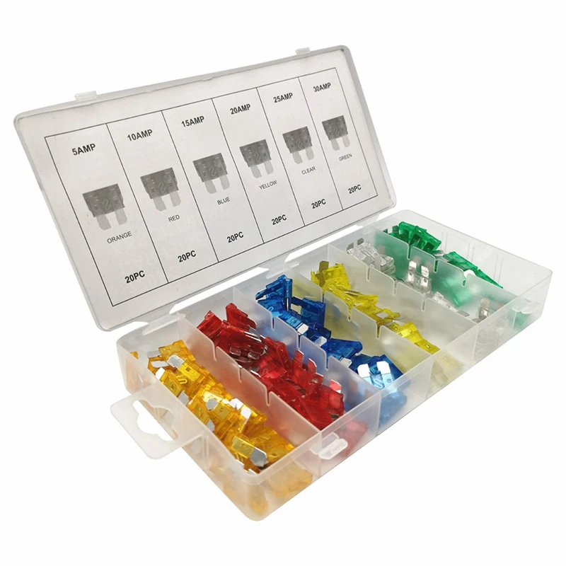 120PCS ฟิวส์รถชุดสารพันรถบรรทุกรถยนต์มาตรฐานใบมีดฟิวส์ Assortment 5A 10A 15A 20A 25A 30A ยานยนต์ฟิวส์เปลี่ยน
