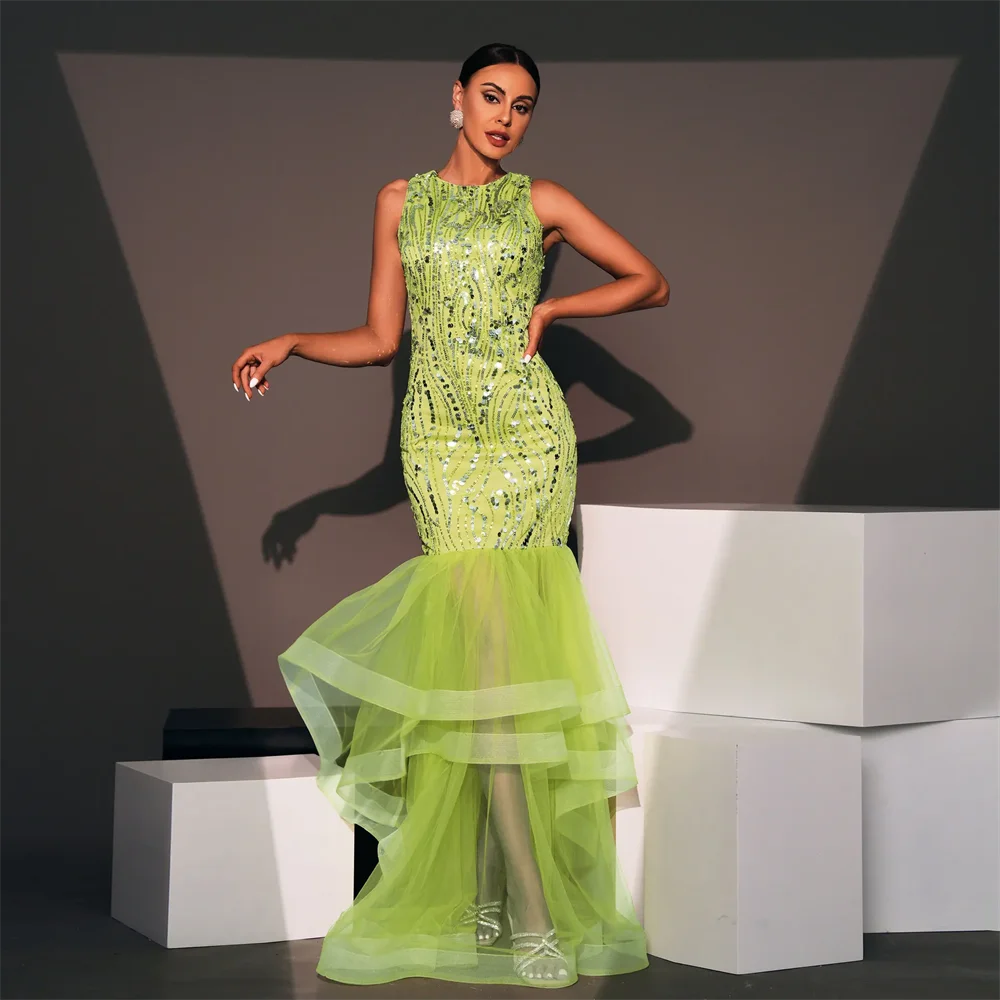 

Elegant Luxury High Quality Sleeveless Green Party Dress Women Sequin Patchwork Mesh Ruffled Long Evening Dress