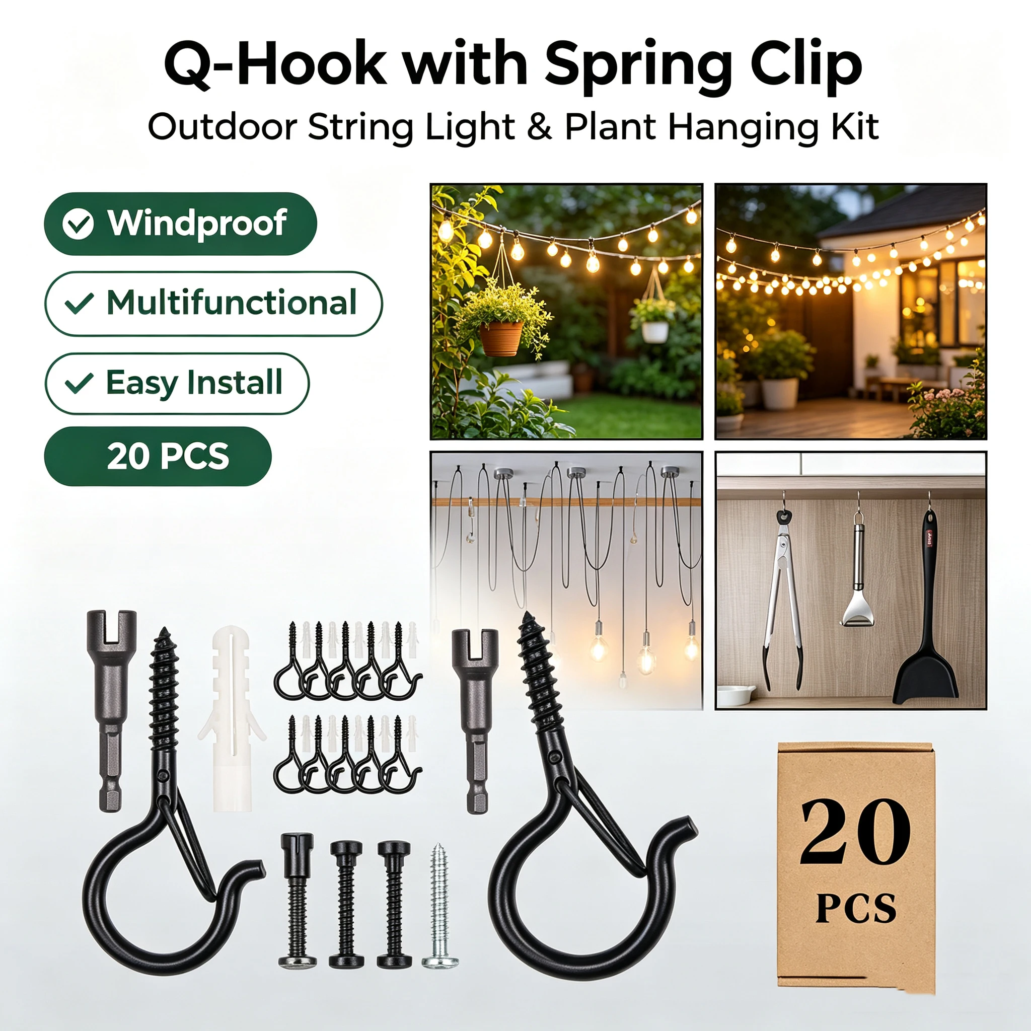 10/20Pack Screw Hooks for Hanging Plants / String Lights, Heavy Duty Black Eye Hook Screw Cup Ceiling Hook Q-Hanger Hook