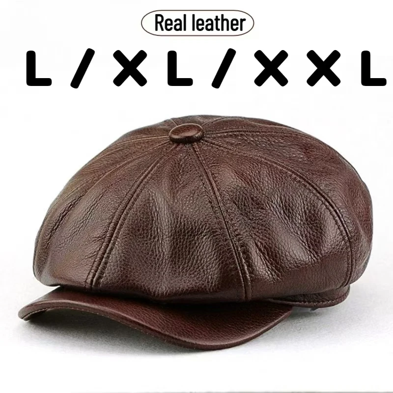 Real Cow Leather Big Head XXL 62cm Octagonal Hats Men's Large Size L XL Newsboy Hat British Fashion Cowhide Women's Berets Cap