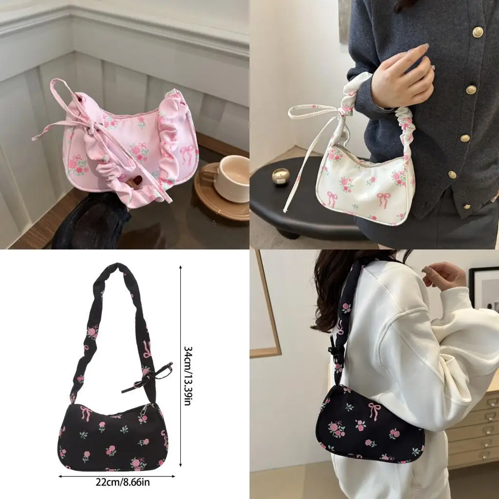 

D46D Women Shopping Bag Pleated Shoulder Bag Armpit Bag Floral Handbag School Bag