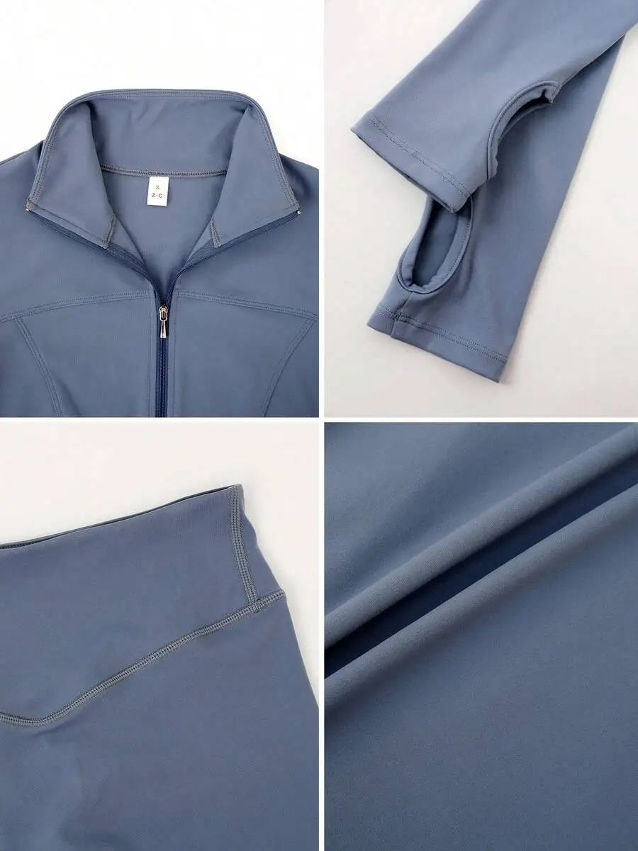 

Womens Fitted Solid Color Stand Collar Zip-Up Thumb Hole Sports Set Spring