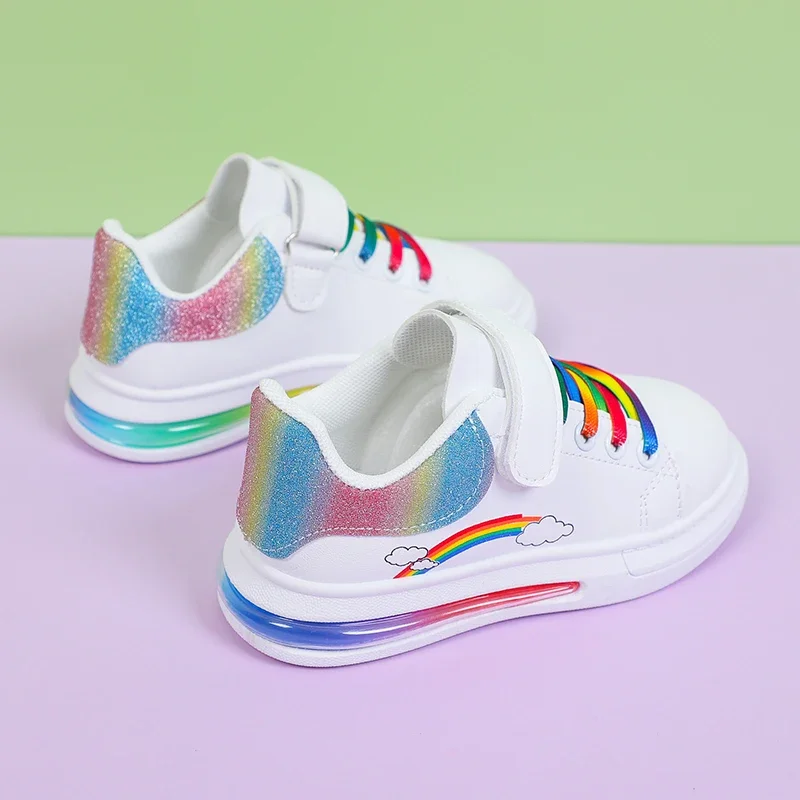 2022 Kids Fashion Sneakers Rainbow Colorful Girls White Casual Shoes Pu Leather Wiith Air Cushion Sole Hook-loop Autunm Sneakers