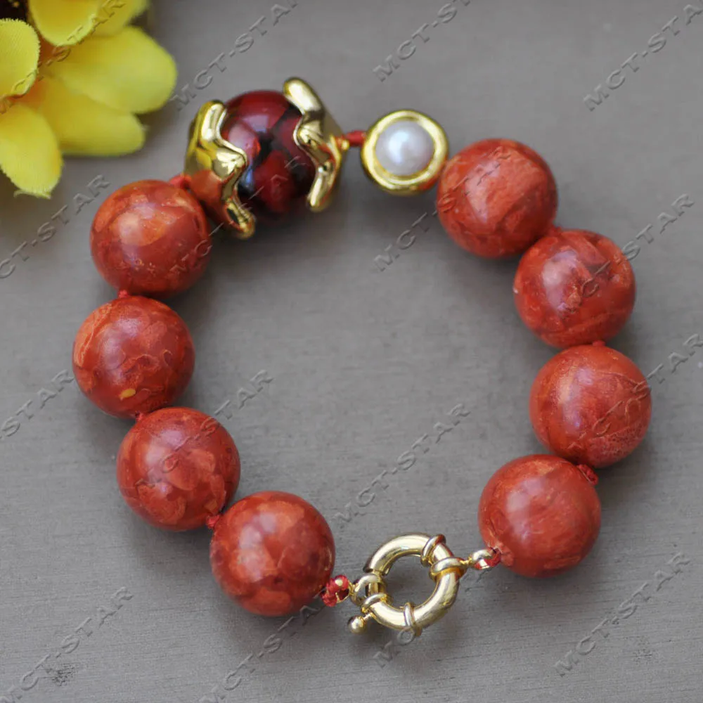 Z14593 8'' 24mm Natural Red Round Grass Coral Flame Murano Glass White Pearl Bracelet