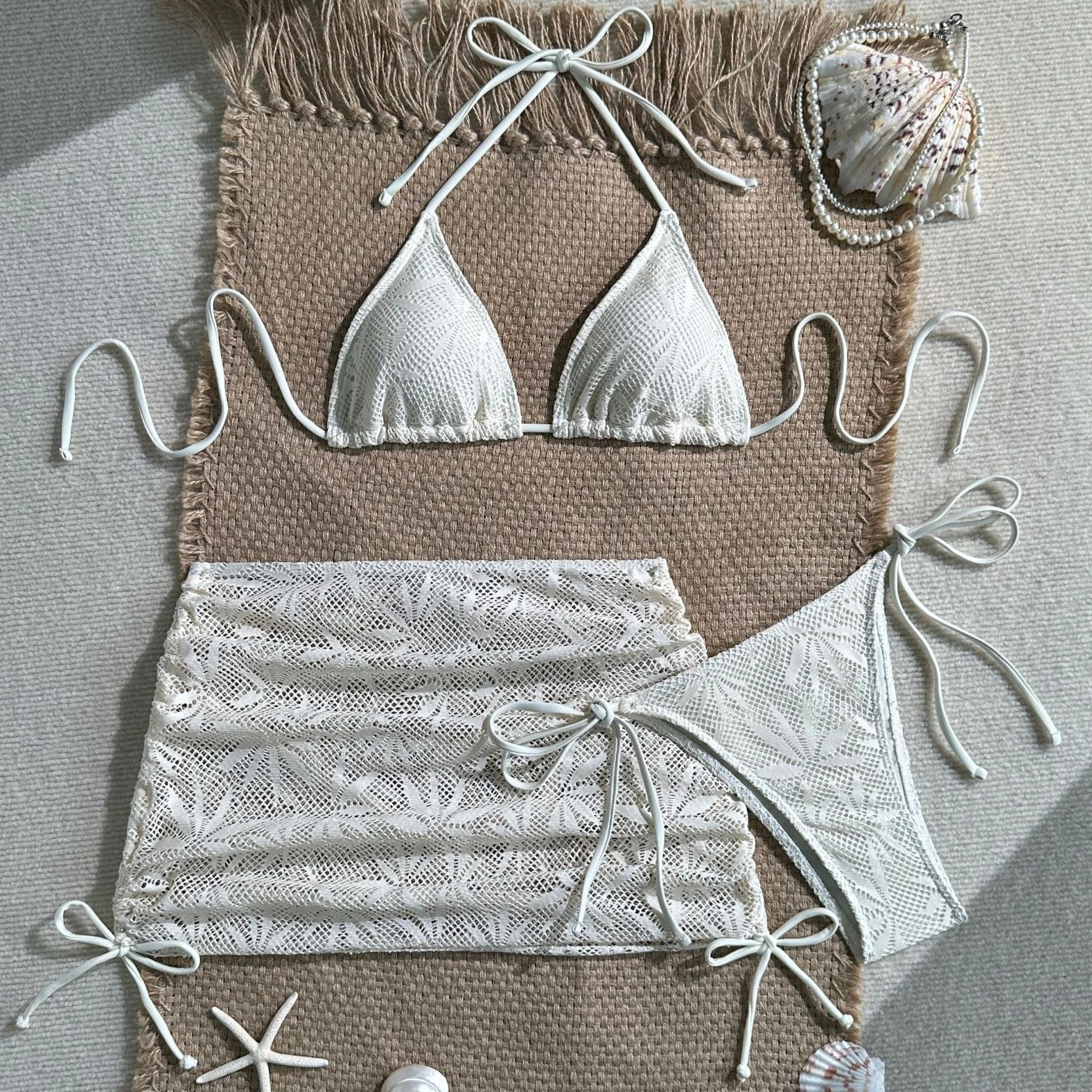 2026 Knitted Striped Halter Tie 3 Pieces Bikinis Sets with Package Skirt Swimsuits Beachwear Swimwear Biquini Купальник Женский