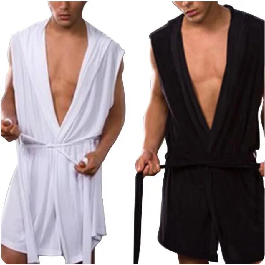 Men Hooded Bathrobe Ice Silk See Through Sleeveless Long Bath Robe Nightgowns Sleepwear Loose Casual Sleep Tops (No Shorts)