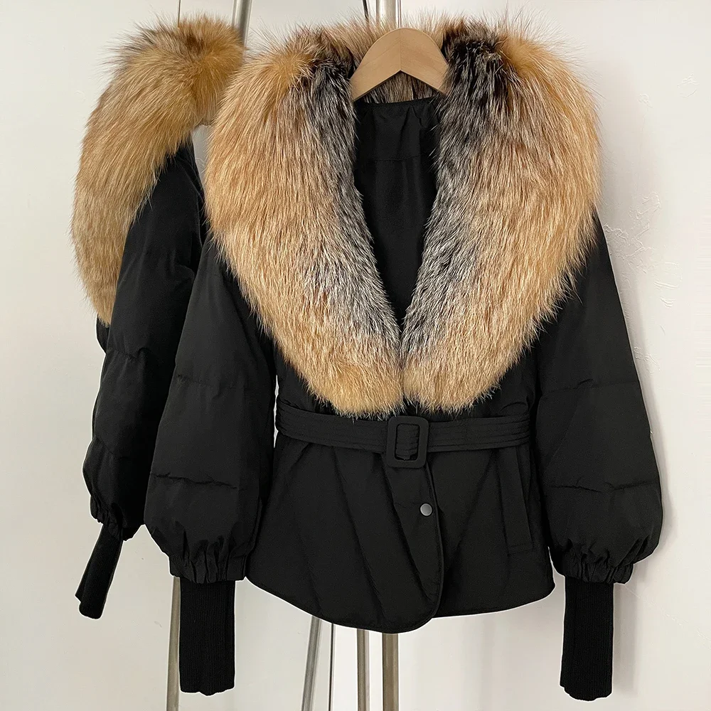 Frauen Echt Fox Pelz Jacke Winter Puffer Jacke Weibliche Lange Ärmel Gestrickte Oberbekleidung Dünne Beiläufige 2025, Neue Weiße Ente Unten mantel