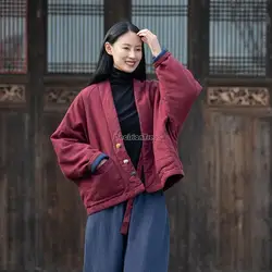 2025 winter cotton linen women vintage disc buckle top women warm short casual loose jacket with thick cotton-padded jacket s942