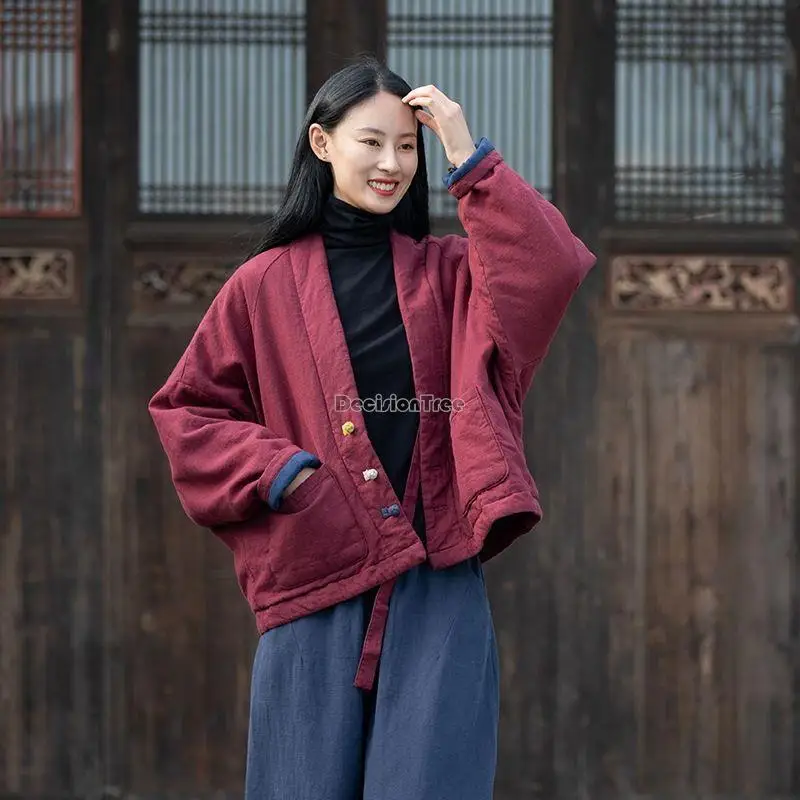 2023 winter cotton linen women vintage disc buckle top women warm short casual loose jacket with thick cotton-padded jacket s942