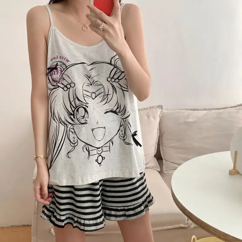 Large Size Women's Clothing Korean Sailor Moon Pajamas Summer Women's Camisole Shorts Loungewear Loose Casual Home Clothes Trend