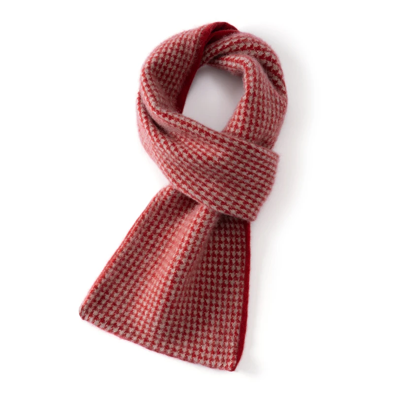 KOIJINSKY 100% Pure Cashmere Houndstooth Scarf 80×18cm Contrast Trim Soft Warm Neck Warmer for Women Winter Daily Wear Gift