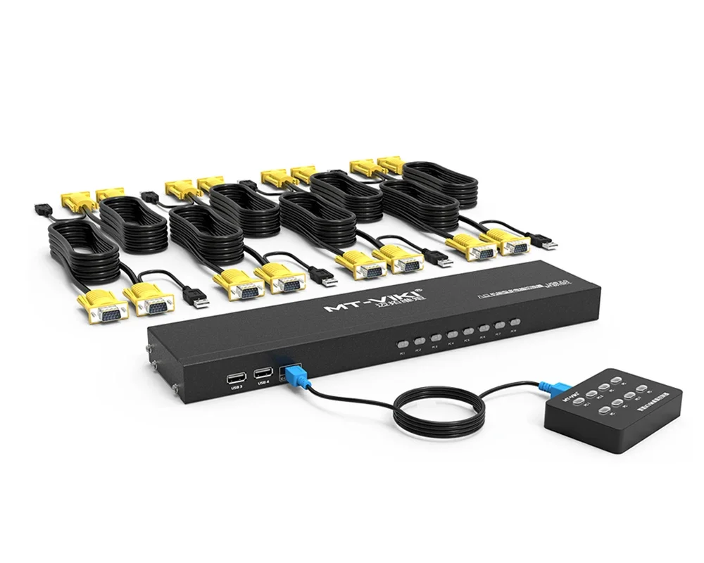 

8-портовые KVM-переключатели VGA + кабели (обновленные 2 в 1, Консоль KVM-коммутатора MT-VIKI 1U для монтажа в стойку 8x1