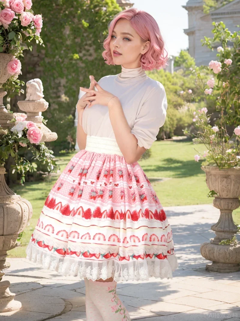 Japanese Girl Sweet Cute Pink A-line Skirt Lady Lolita Strawberry Printed Lace Pleated Knee Length Short Skirt Women Y2k Skirts