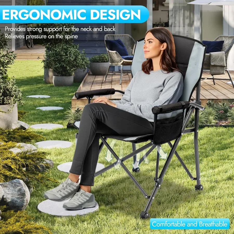 كرسي تخييم قابل للطي كبير الحجم للبالغين يدعم 450 رطل كرسي تخييم عالي التحمل مع جيوب جانبية كرسي خارجي قابل للطي f