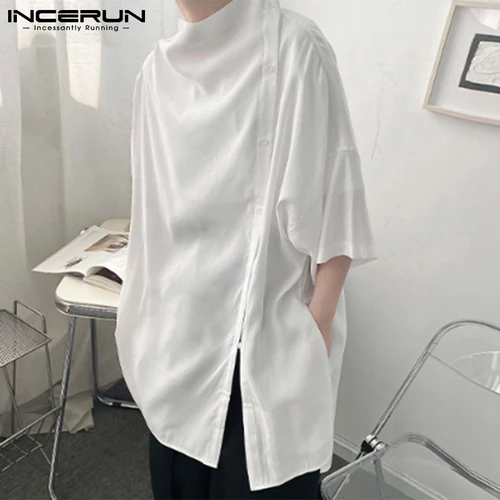 Imagen 2 del producto INCERUN-camisa Irregular de cuello alto para hombre, Camisas de media manga con botones, ropa de calle informal a la moda, S-5XL de Color sólido, 2024