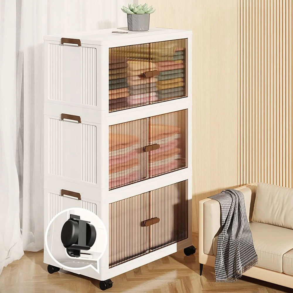 Foldable Storage Box Closet Organizer Stackable Sundries Organizing Cabinet with Wheels Large Capacity Wardrobe Containers Bin