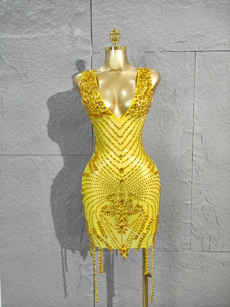 

Glamorous Yellow Rhinestone Mini Dress - Deep V - Neck and Dripping Crystal Details Perfect for Party