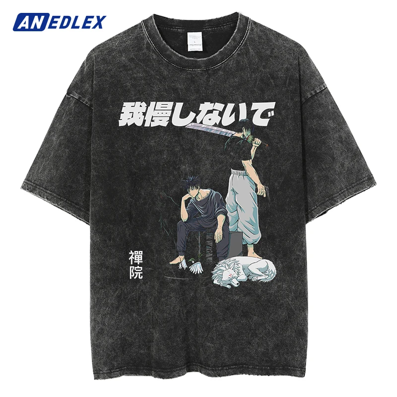 

Hip Hop Oversized Streetwear Vintage T-shirts Japanese Anime Print Washed Short Sleeve T Shirt Summer Cotton Tops