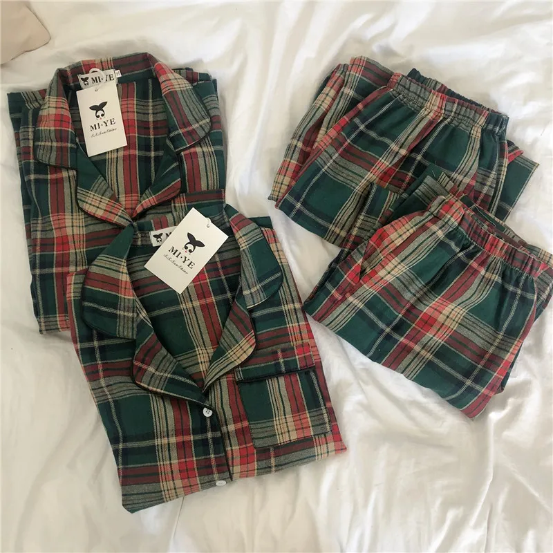 

Green Christmas Pajamas Couple Pajama Set Simple Plaid Sleepwear Cotton Autumn Winter Women Pyjamas Suit Long Sleeve Loungewear