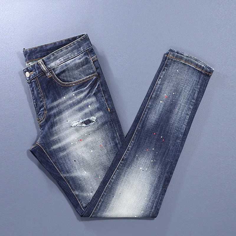 Street fashion new men's jeans retro blue high-quality elastic slim fit corrugated perforated painted jeans hip-hop brand pants