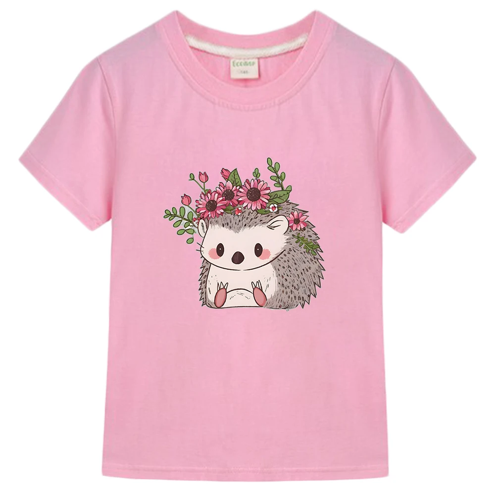 Kawaii Animal Hedgehog Printing T-shirt Kawaii Cartoon Graphic Printed Tee-shirt 100% Cotton High Quality Children Tees Boy Girl